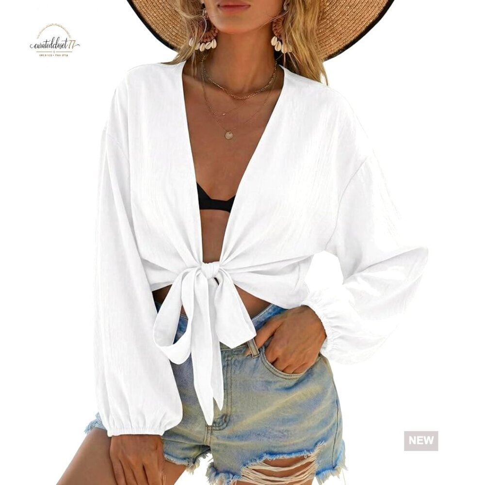 Large UPF 15 Polyester Cover Up Tie Front V-Neck Beach Cardigan